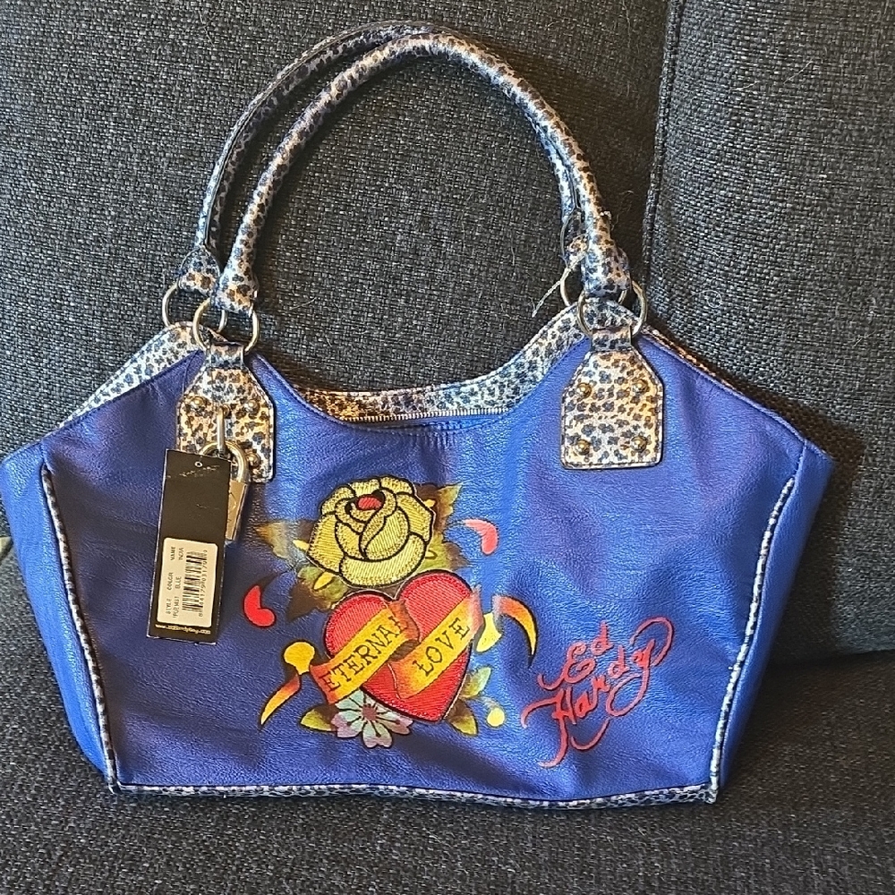 Ed Hardy Blue and Yellow Shoulder Bag with Playful Design